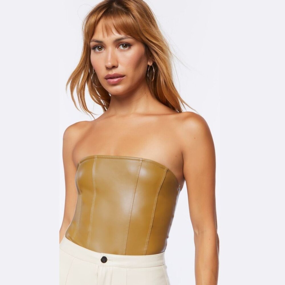 Forever 21 Tan Faux Leather Tube Bodysuit